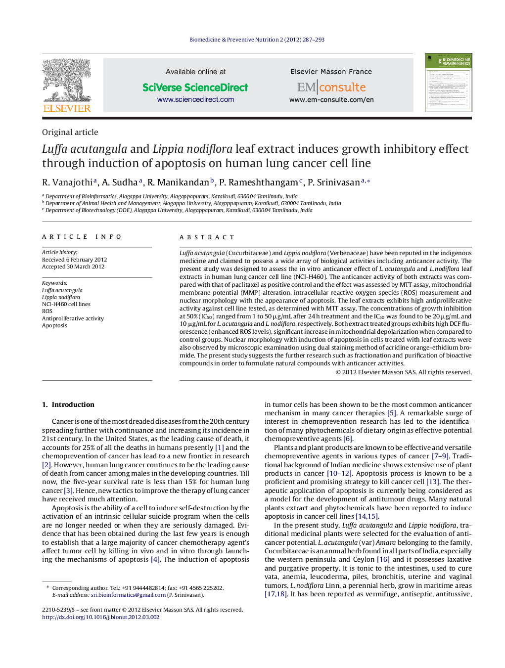 Luffa acutangula and Lippia nodiflora leaf extract induces growth inhibitory effect through induction of apoptosis on human lung cancer cell line