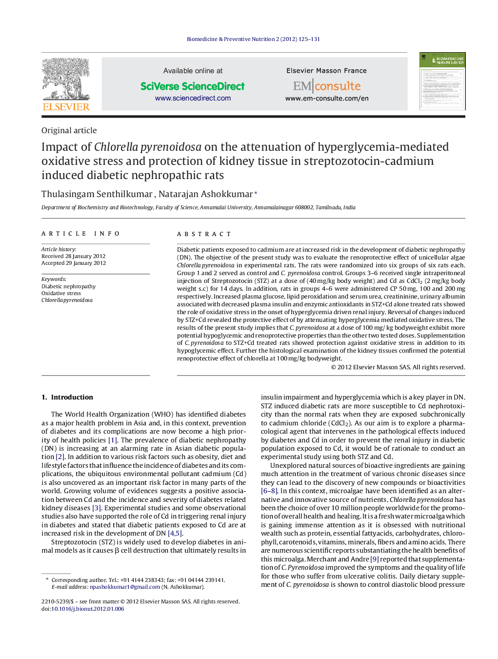 Impact of Chlorella pyrenoidosa on the attenuation of hyperglycemia-mediated oxidative stress and protection of kidney tissue in streptozotocin-cadmium induced diabetic nephropathic rats