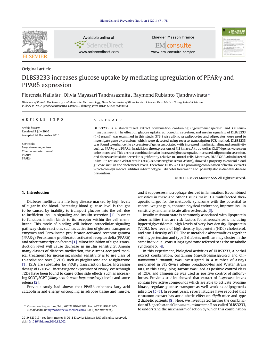 عکس صفحه اول مقاله: DLBS3233 increases glucose uptake by mediating upregulation of PPARγ and PPARδ expression DLBS3233 increases glucose uptake by mediating upregulation of PPARγ and PPARδ expression