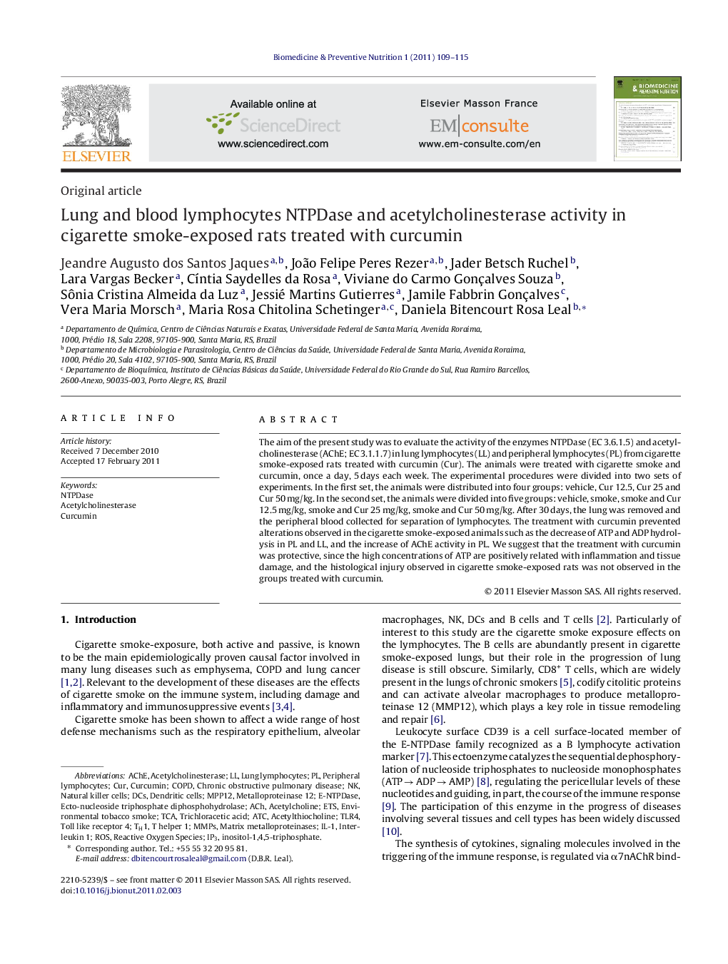 Lung and blood lymphocytes NTPDase and acetylcholinesterase activity in cigarette smoke-exposed rats treated with curcumin