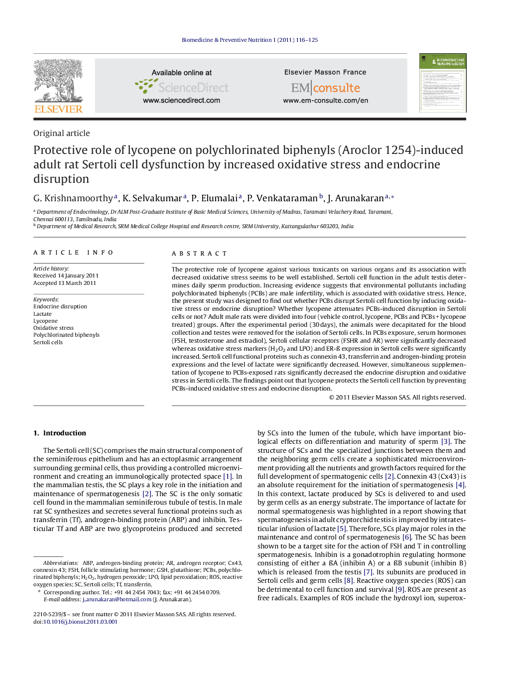 Protective role of lycopene on polychlorinated biphenyls (Aroclor 1254)-induced adult rat Sertoli cell dysfunction by increased oxidative stress and endocrine disruption