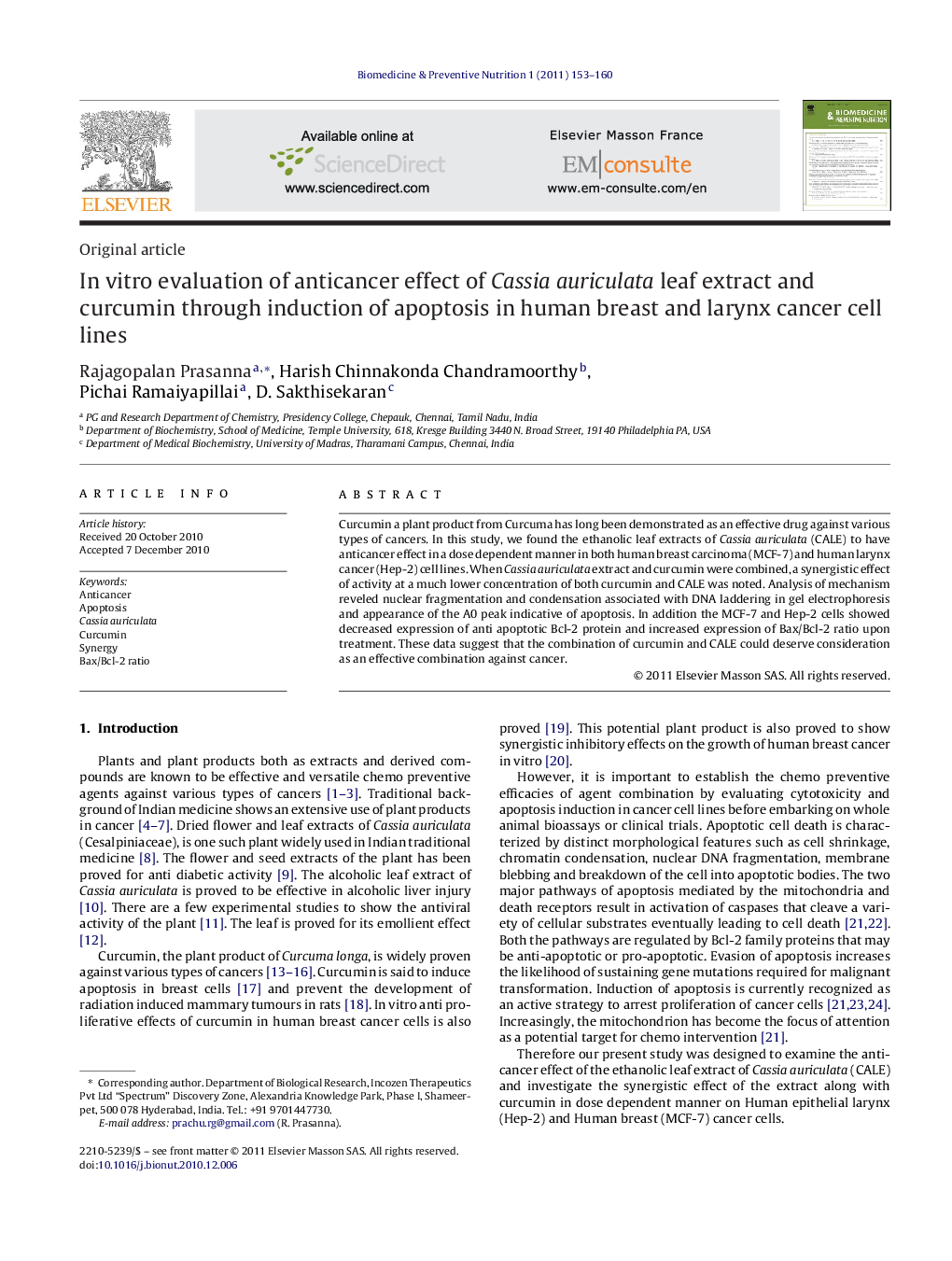 عکس صفحه اول مقاله: In vitro evaluation of anticancer effect of Cassia auriculata leaf extract and curcumin through induction of apoptosis in human breast and larynx cancer cell lines In vitro evaluation of anticancer effect of Cassia auriculata leaf extract and curcumin through induction of apoptosis in human breast and larynx cancer cell lines