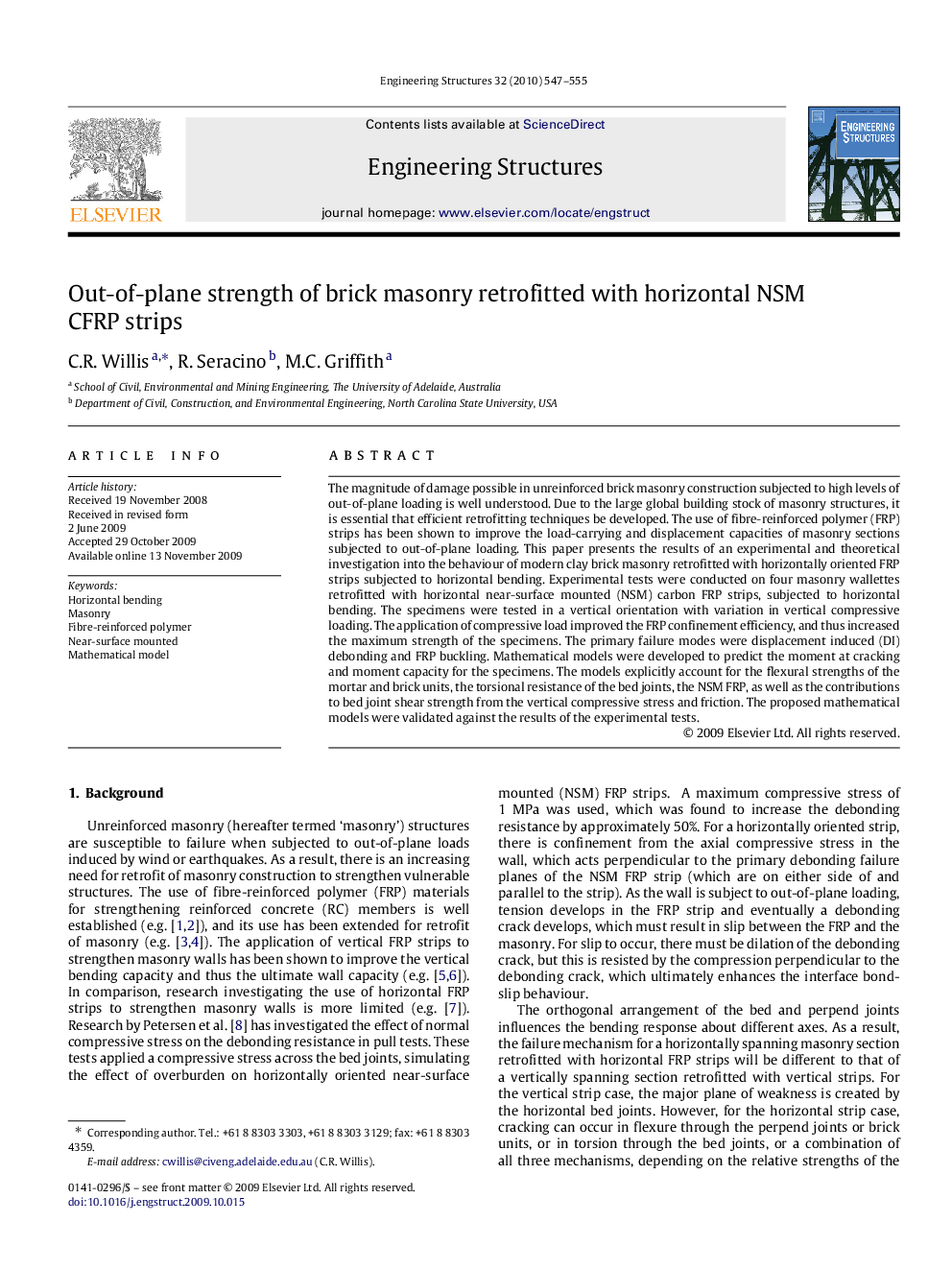 Out-of-plane strength of brick masonry retrofitted with horizontal NSM CFRP strips