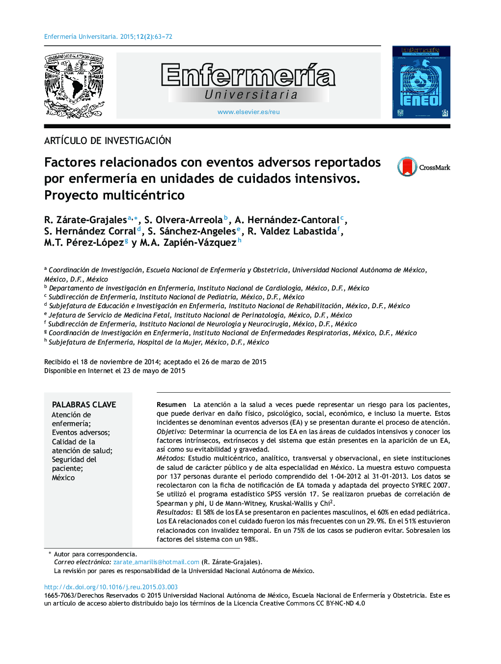 Factores relacionados con eventos adversos reportados por enfermería en unidades de cuidados intensivos. Proyecto multicéntrico 