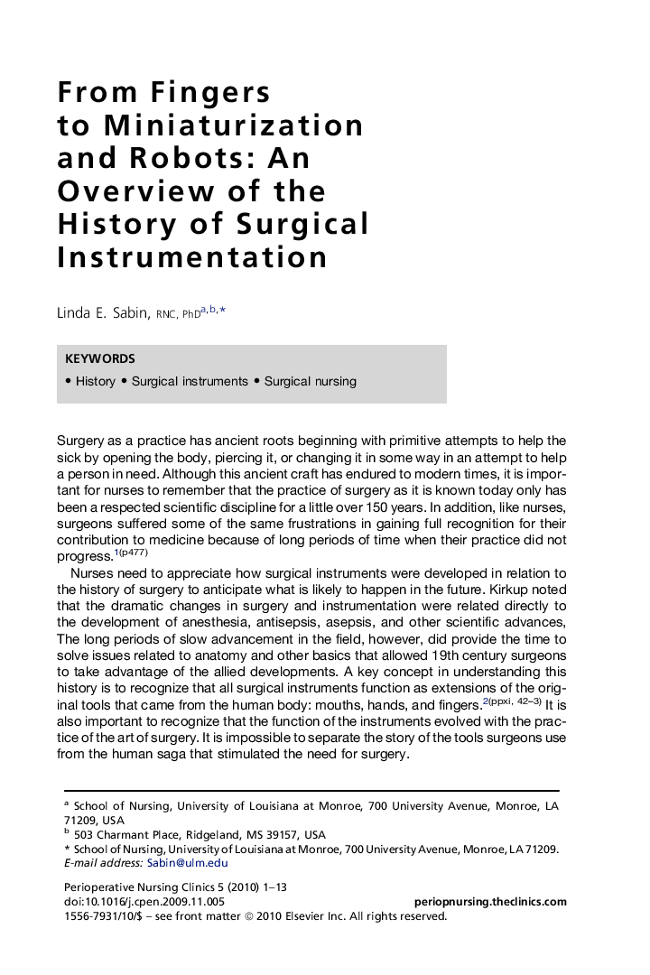 From Fingers to Miniaturization and Robots: An Overview of the History of Surgical Instrumentation