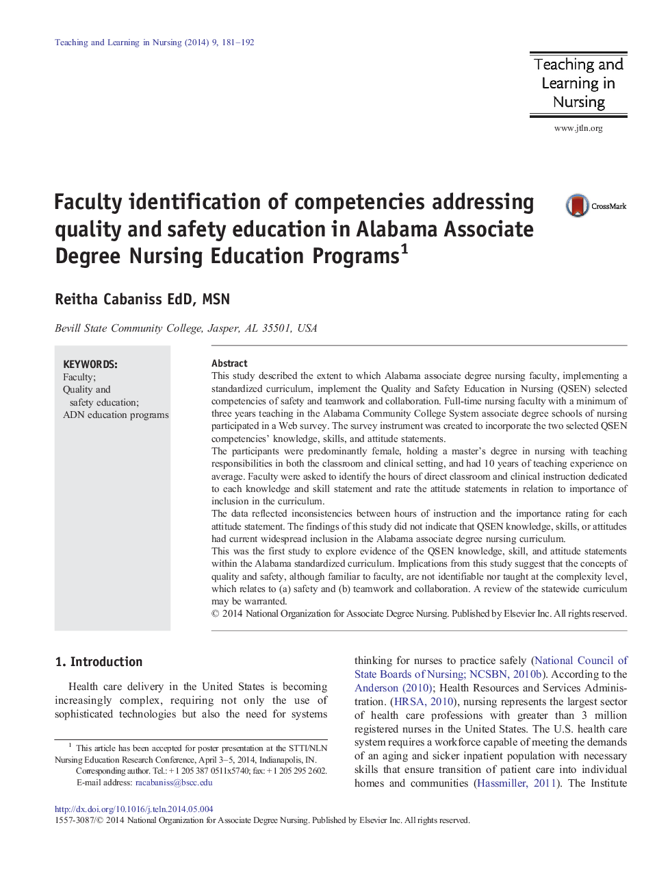 Faculty identification of competencies addressing quality and safety education in Alabama Associate Degree Nursing Education Programs 1