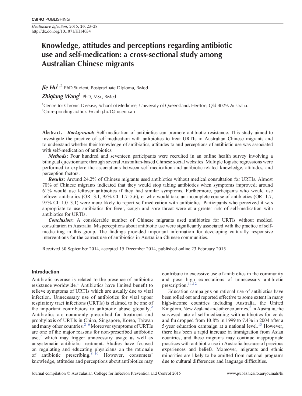 Knowledge, attitudes and perceptions regarding antibiotic use and self-medication: a cross-sectional study among Australian Chinese migrants