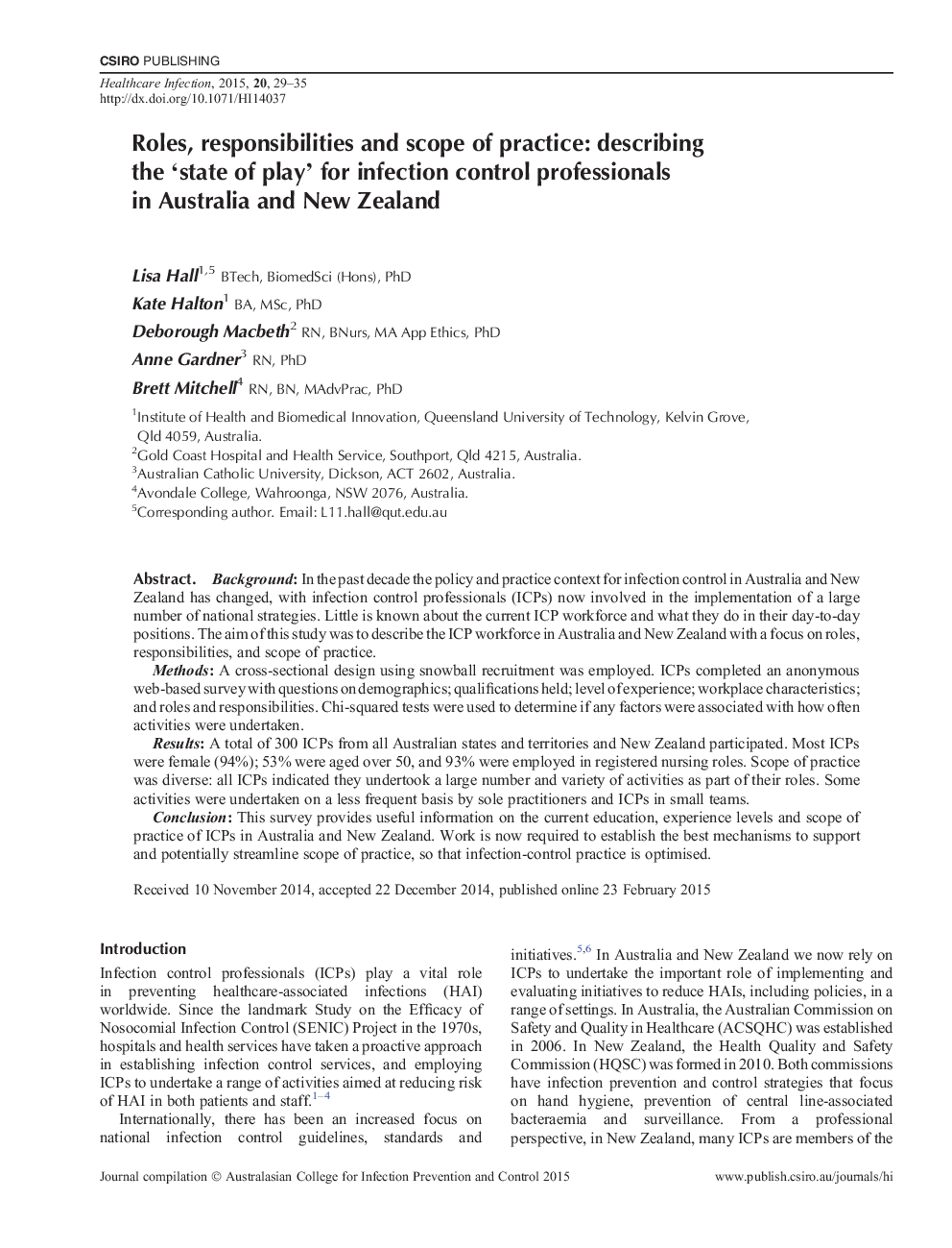 Roles, responsibilities and scope of practice: describing the ‘state of play’ for infection control professionals in Australia and New Zealand