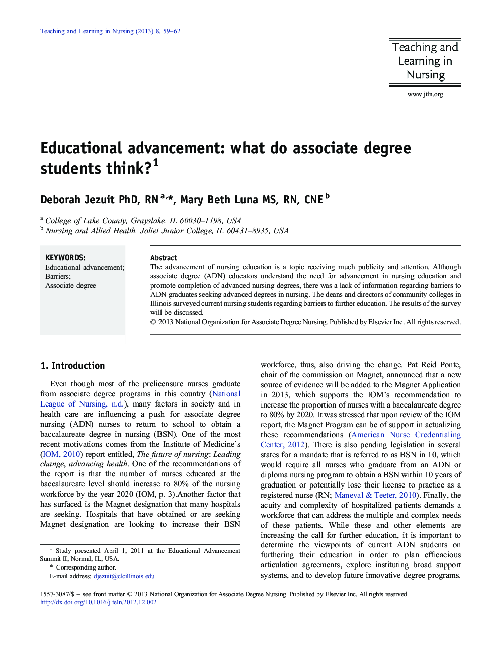 Educational advancement: what do associate degree students think? 1