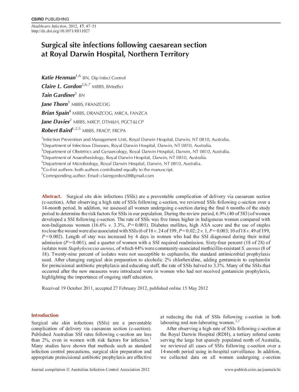 Surgical site infections following caesarean section at Royal Darwin Hospital, Northern Territory