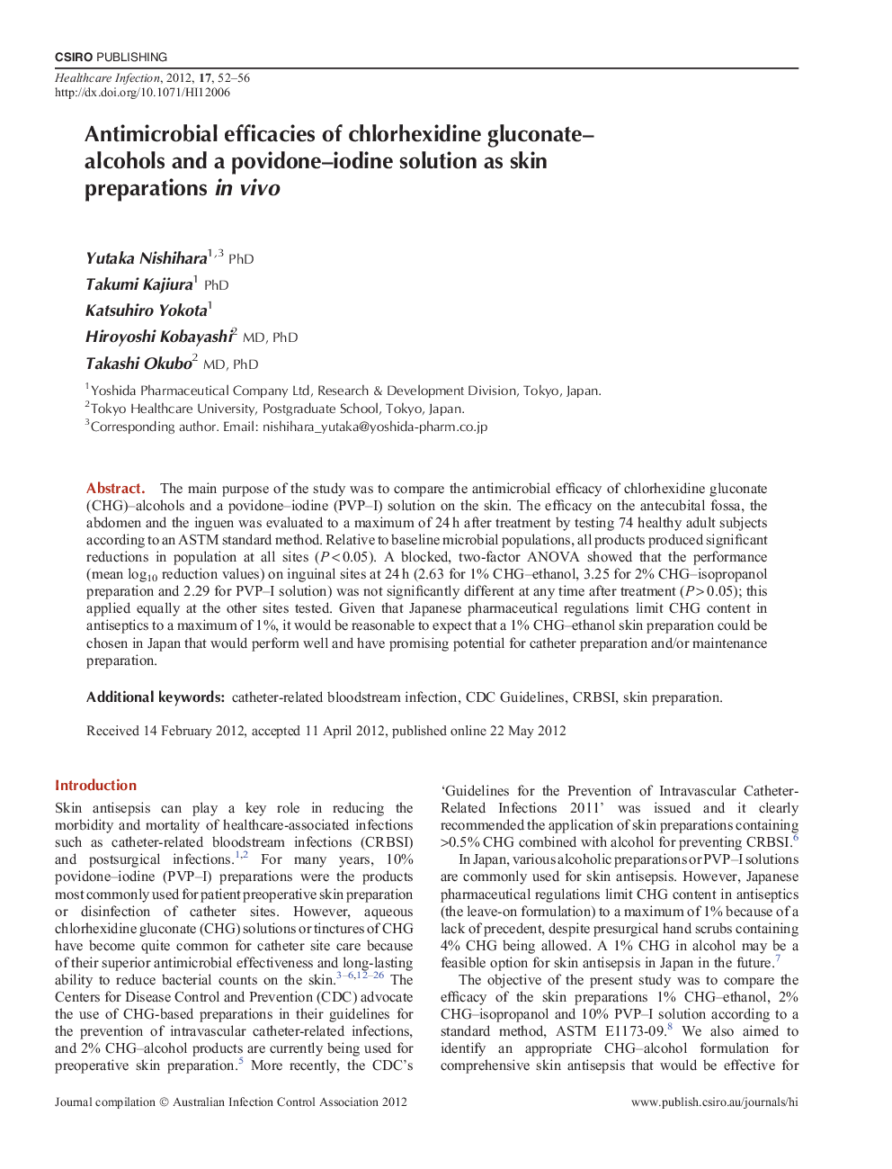 Antimicrobial efficacies of chlorhexidine gluconate–alcohols and a povidone–iodine solution as skin preparations in vivo