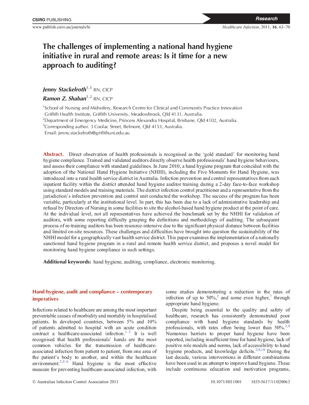 The challenges of implementing a national hand hygiene initiative in rural and remote areas: Is it time for a new approach to auditing?