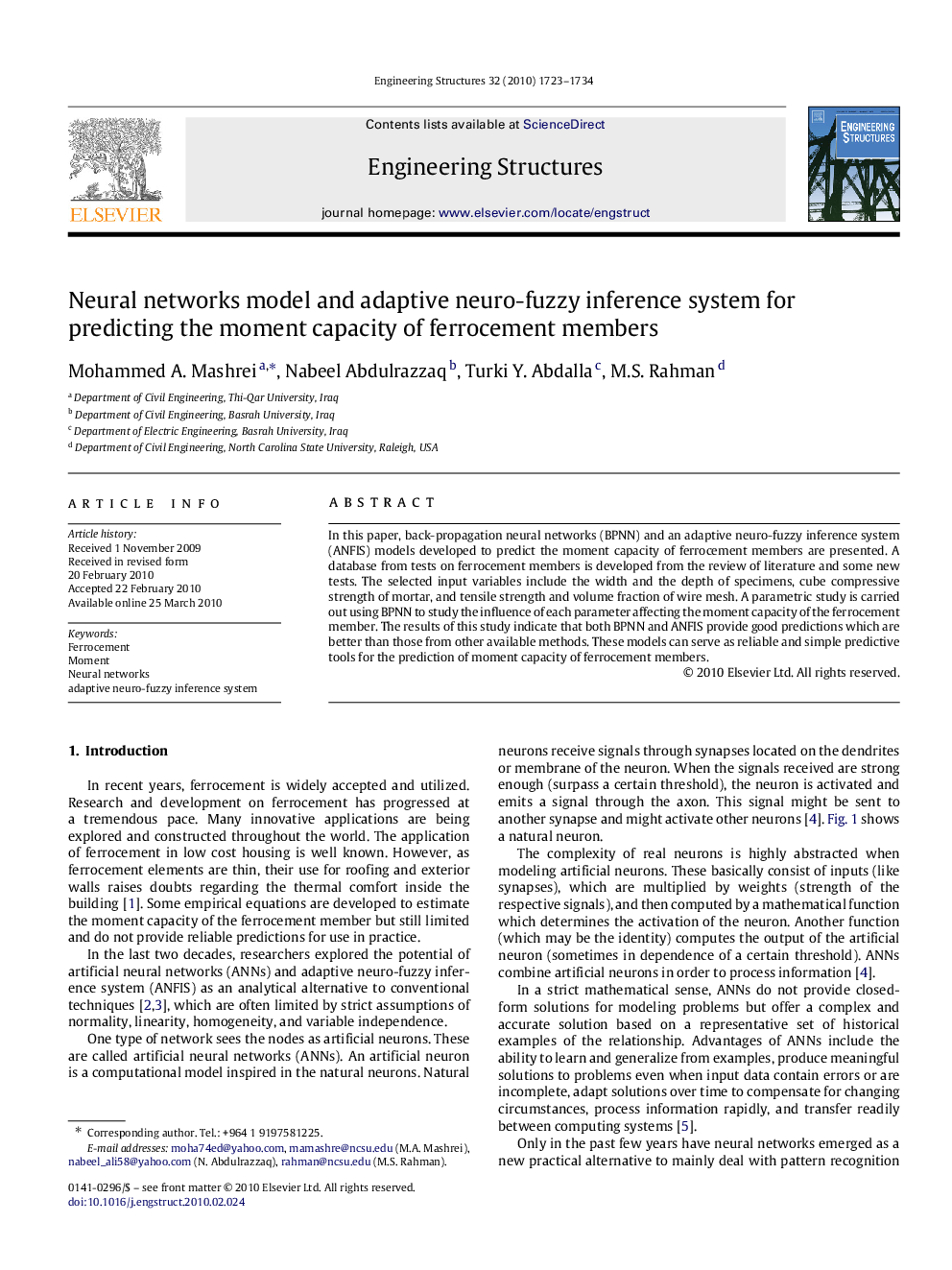 Neural networks model and adaptive neuro-fuzzy inference system for predicting the moment capacity of ferrocement members