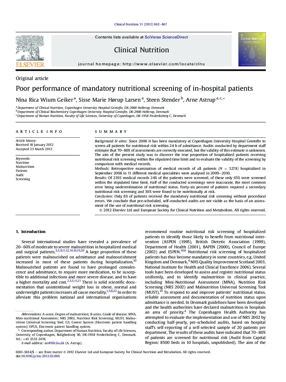 Poor performance of mandatory nutritional screening of in-hospital patients