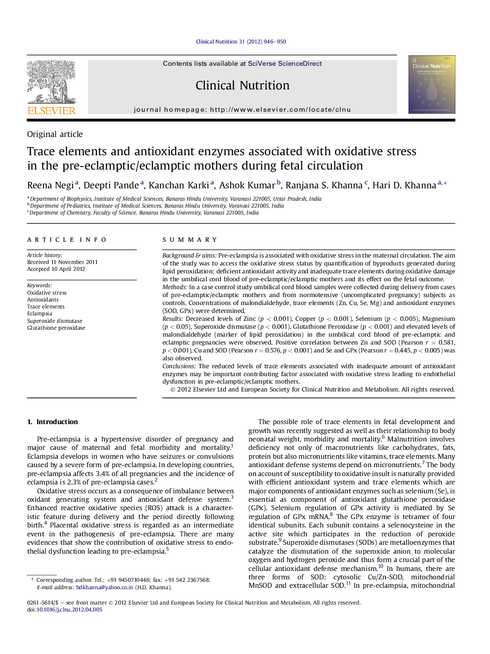 Trace elements and antioxidant enzymes associated with oxidative stress in the pre-eclamptic/eclamptic mothers during fetal circulation