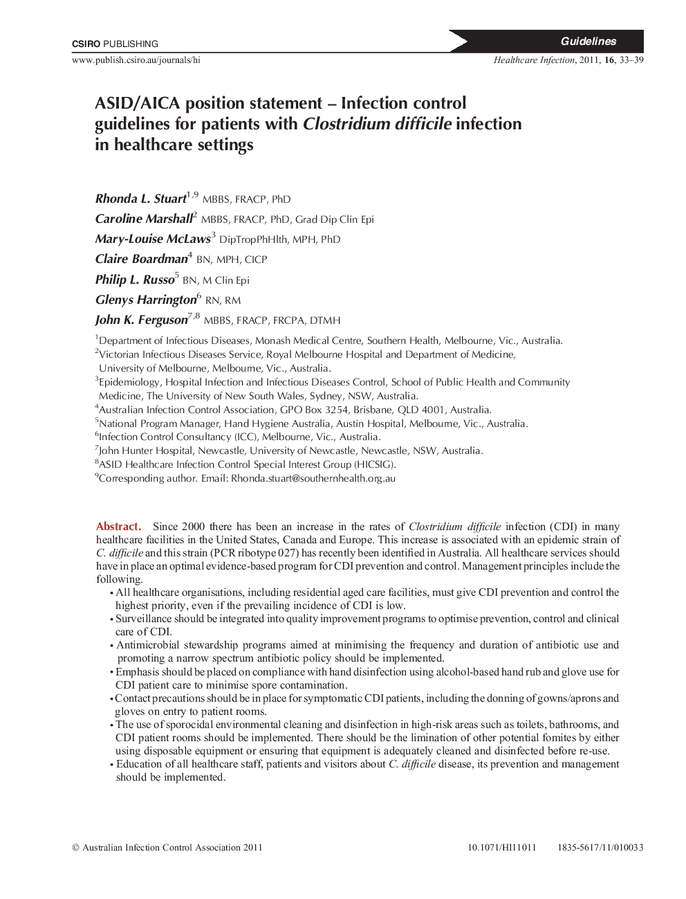 ASID/AICA position statement – Infection control guidelines for patients with Clostridium difficile infection in healthcare settings