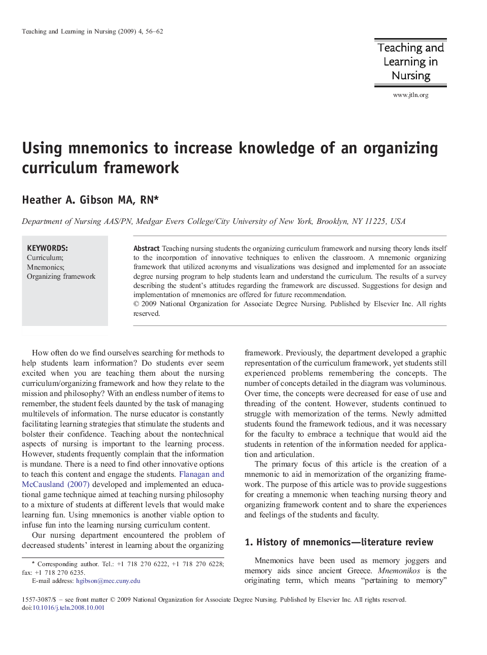 Using mnemonics to increase knowledge of an organizing curriculum framework