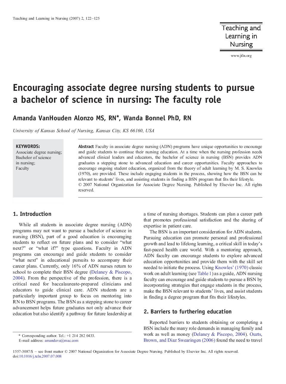 Encouraging associate degree nursing students to pursue a bachelor of science in nursing: The faculty role