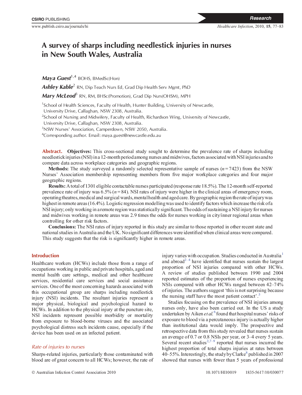 A survey of sharps including needlestick injuries in nurses in New South Wales, Australia