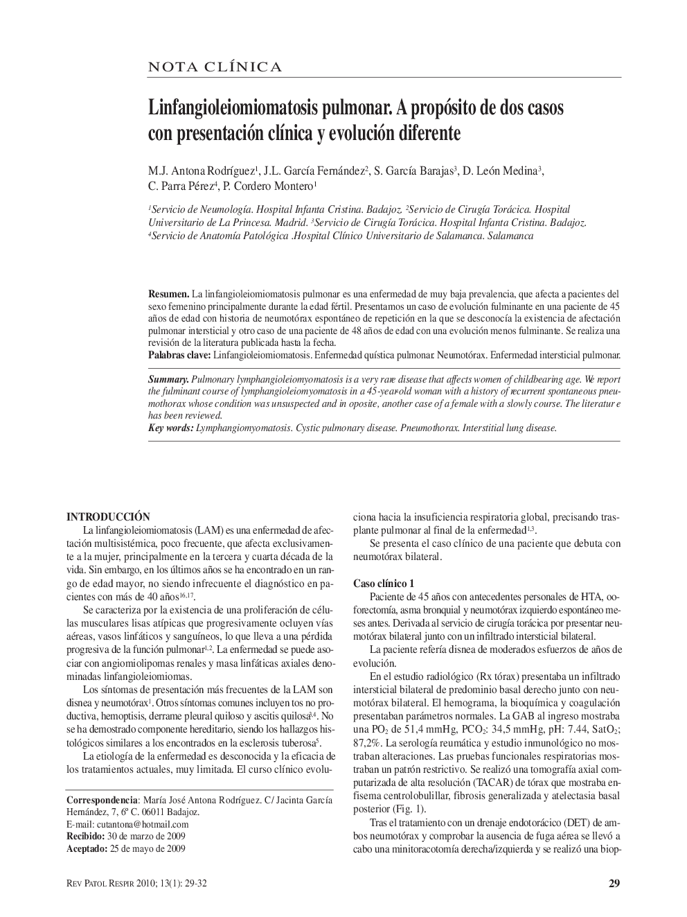 Linfangioleiomiomatosis pulmonar. A propósito de dos casos con presentación clínica y evolución diferente