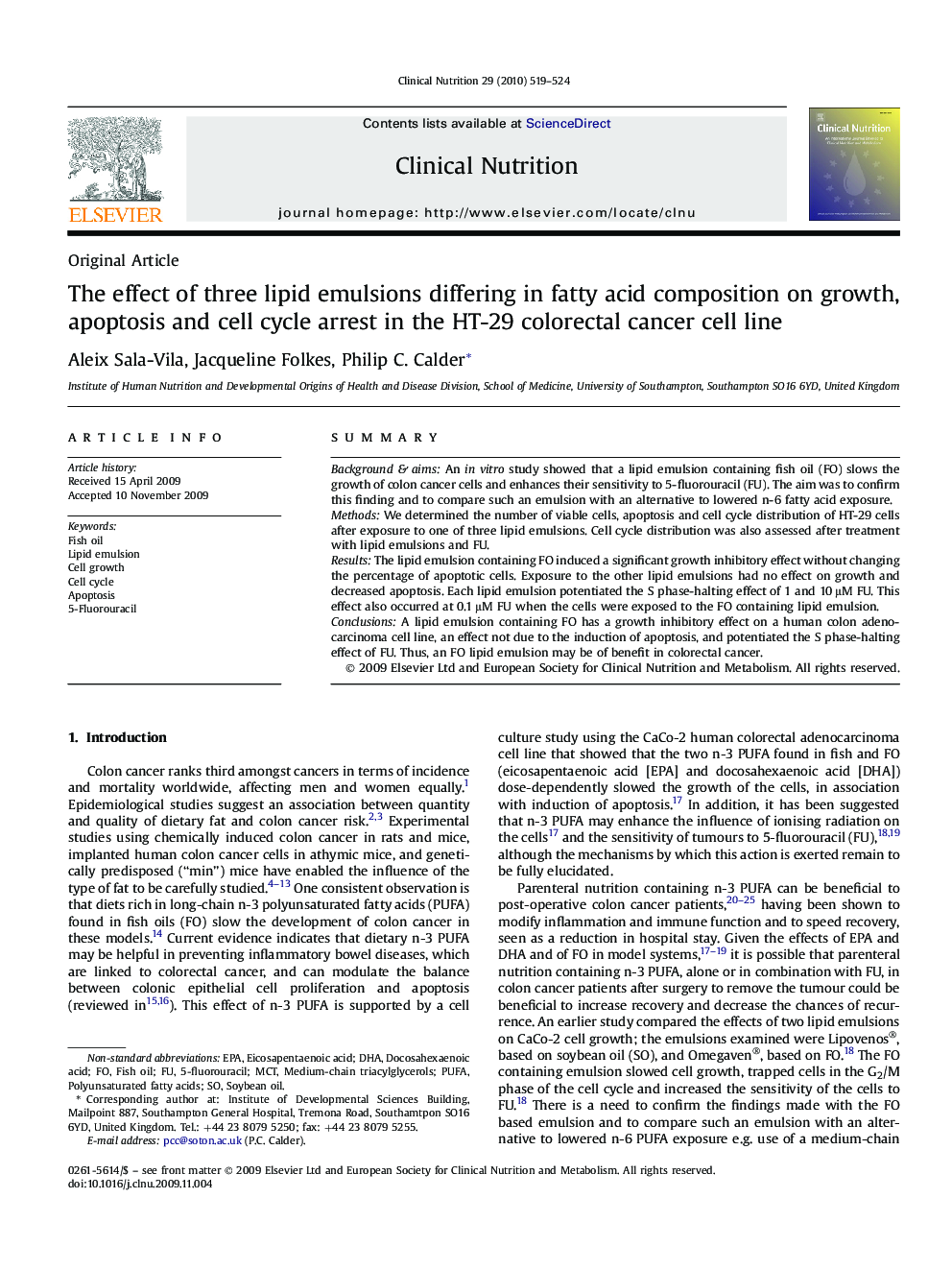 The effect of three lipid emulsions differing in fatty acid composition on growth, apoptosis and cell cycle arrest in the HT-29 colorectal cancer cell line