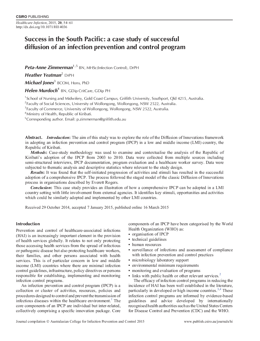 Success in the South Pacific: a case study of successful diffusion of an infection prevention and control program