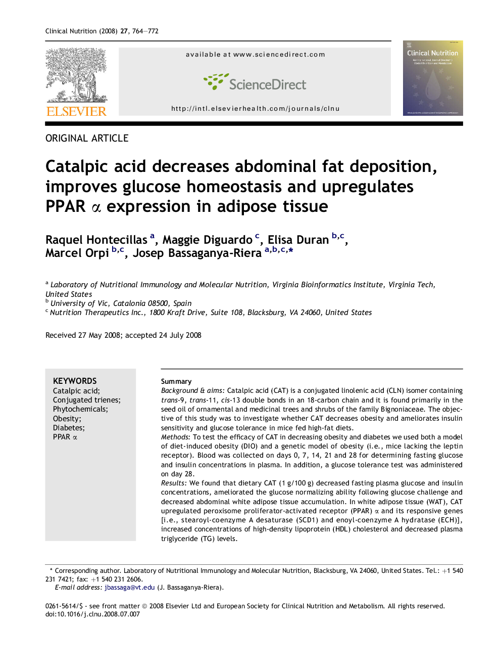 Catalpic acid decreases abdominal fat deposition, improves glucose homeostasis and upregulates PPAR α expression in adipose tissue