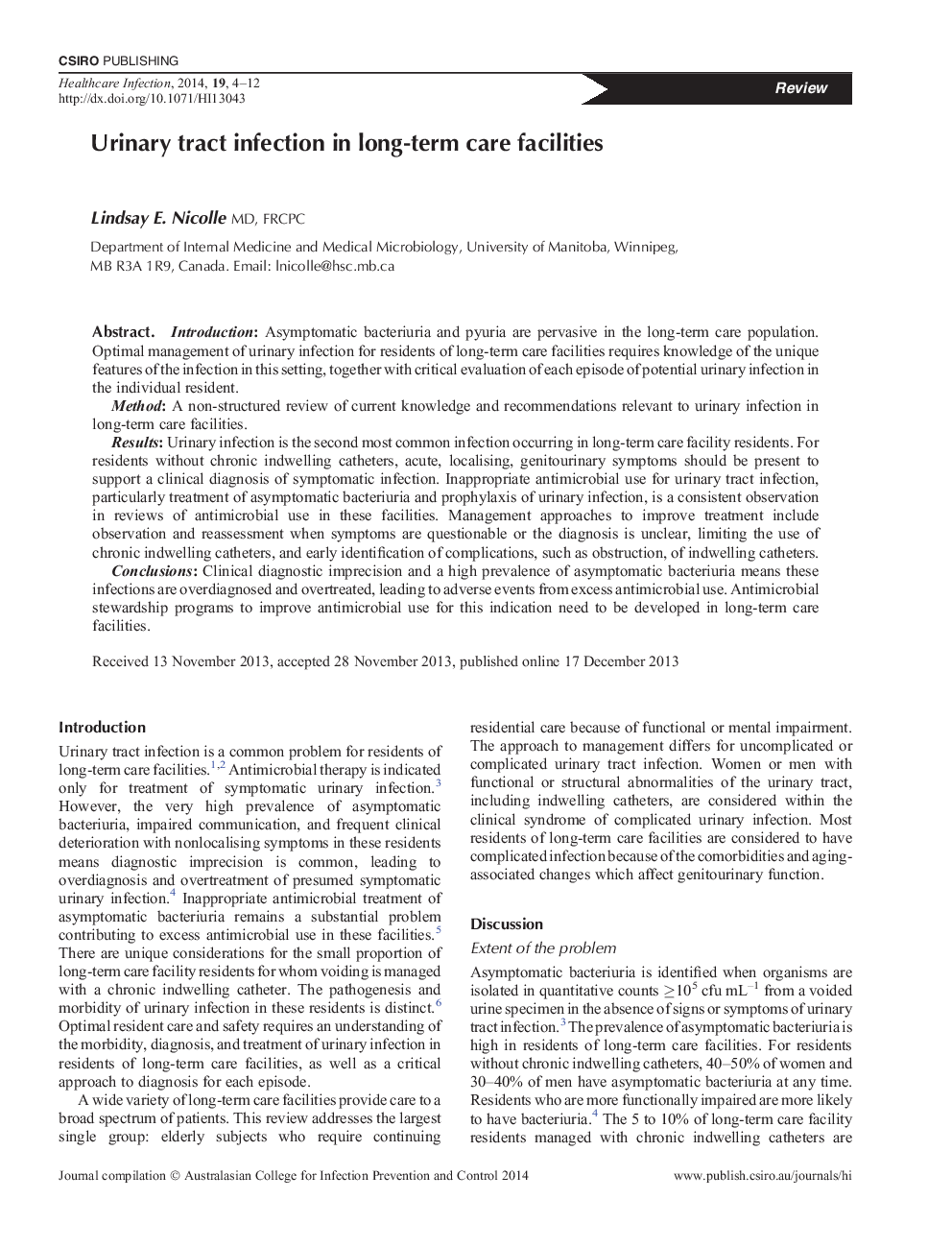 Urinary tract infection in long-term care facilities