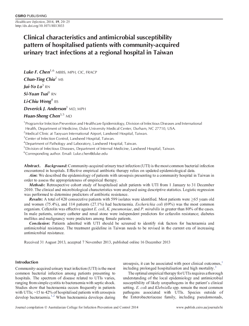 Clinical characteristics and antimicrobial susceptibility pattern of hospitalised patients with community-acquired urinary tract infections at a regional hospital in Taiwan