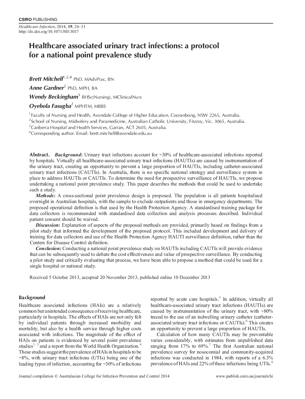 Healthcare associated urinary tract infections: a protocol for a national point prevalence study