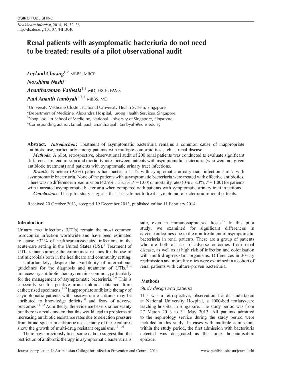 Renal patients with asymptomatic bacteriuria do not need to be treated: results of a pilot observational audit