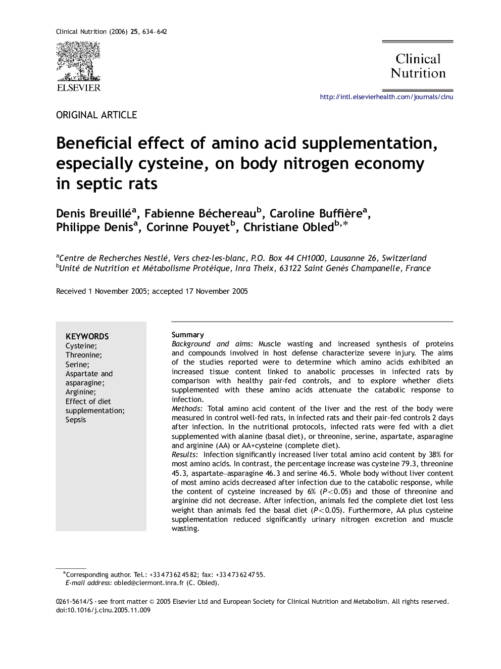 Beneficial effect of amino acid supplementation, especially cysteine, on body nitrogen economy in septic rats