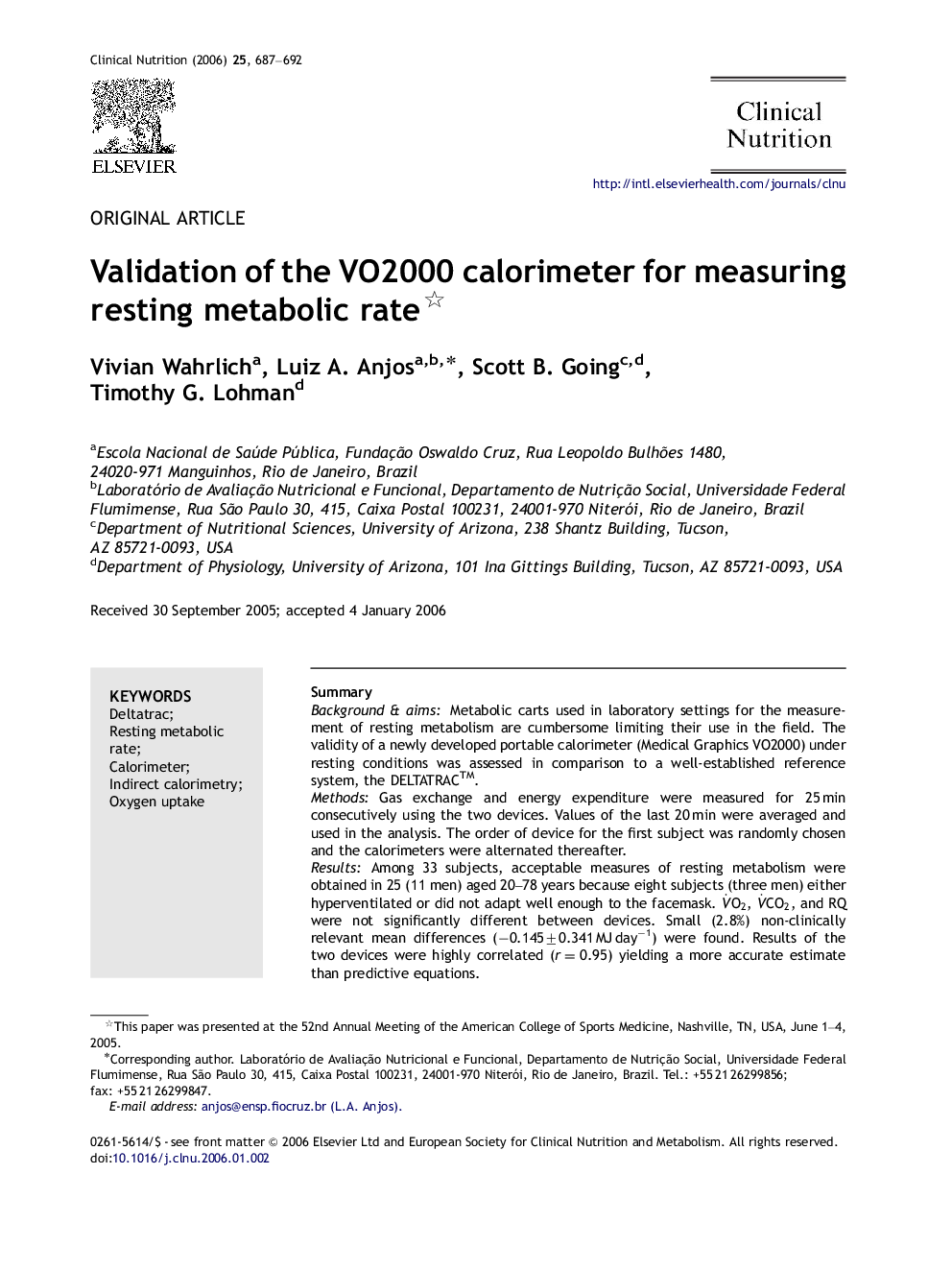 Validation of the VO2000 calorimeter for measuring resting metabolic rate 