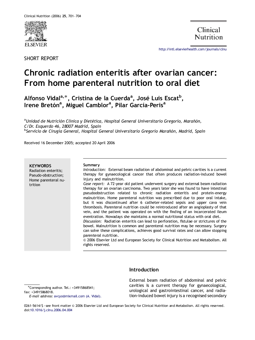 Chronic radiation enteritis after ovarian cancer: From home parenteral nutrition to oral diet