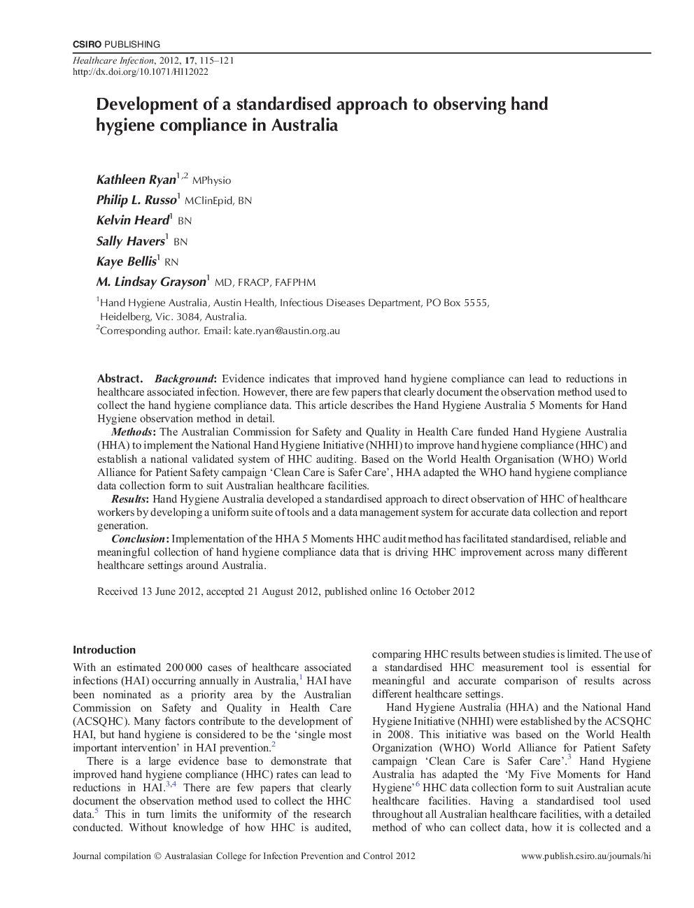 Development of a standardised approach to observing hand hygiene compliance in Australia