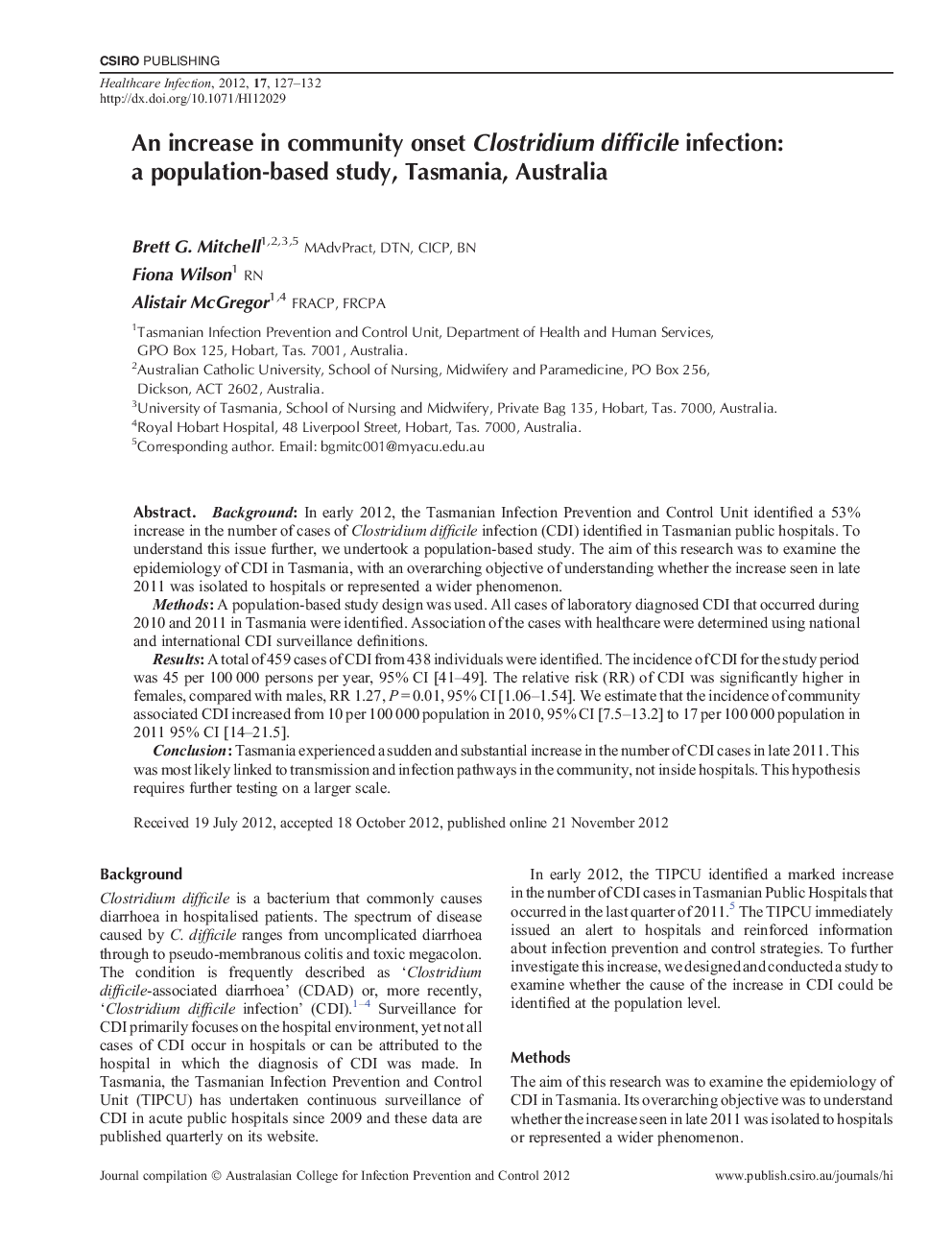 An increase in community onset Clostridium difficile infection: a population-based study, Tasmania, Australia