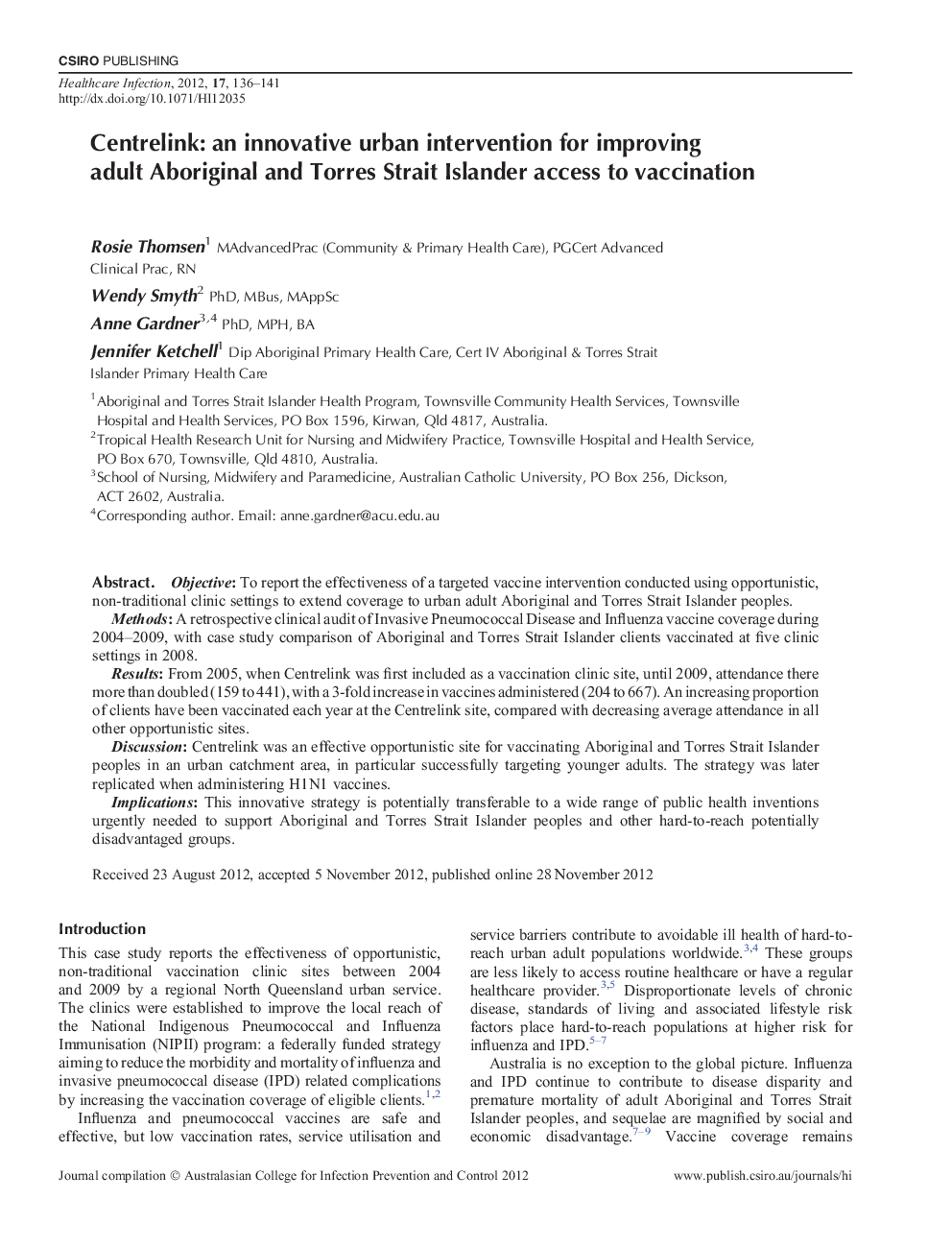 Centrelink: an innovative urban intervention for improving adult Aboriginal and Torres Strait Islander access to vaccination