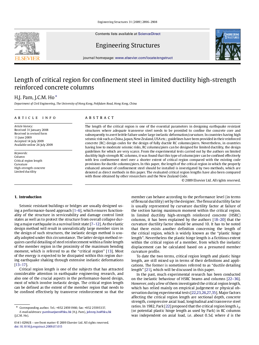 Length of critical region for confinement steel in limited ductility high-strength reinforced concrete columns