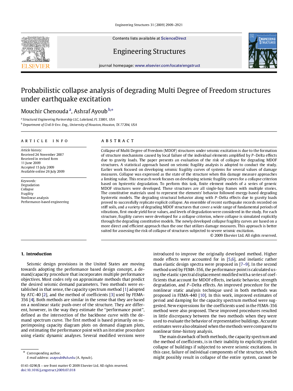 Probabilistic collapse analysis of degrading Multi Degree of Freedom structures under earthquake excitation