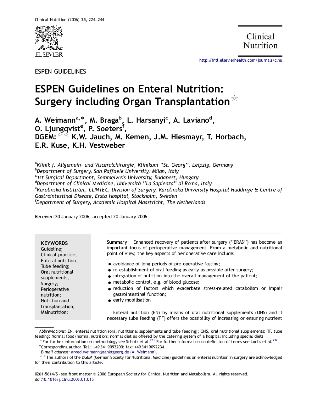 ESPEN Guidelines on Enteral Nutrition: Surgery including Organ Transplantation 