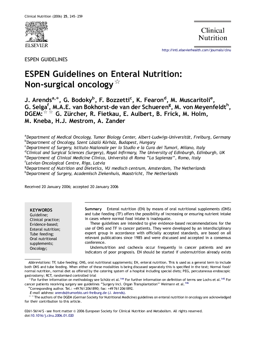 ESPEN Guidelines on Enteral Nutrition: Non-surgical oncology 