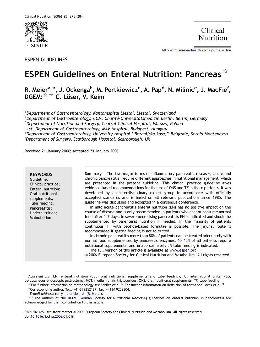 ESPEN Guidelines on Enteral Nutrition: Pancreas 