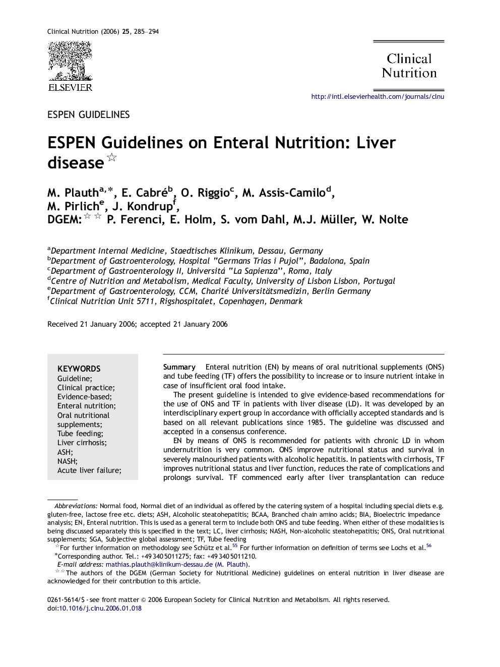 ESPEN Guidelines on Enteral Nutrition: Liver disease 