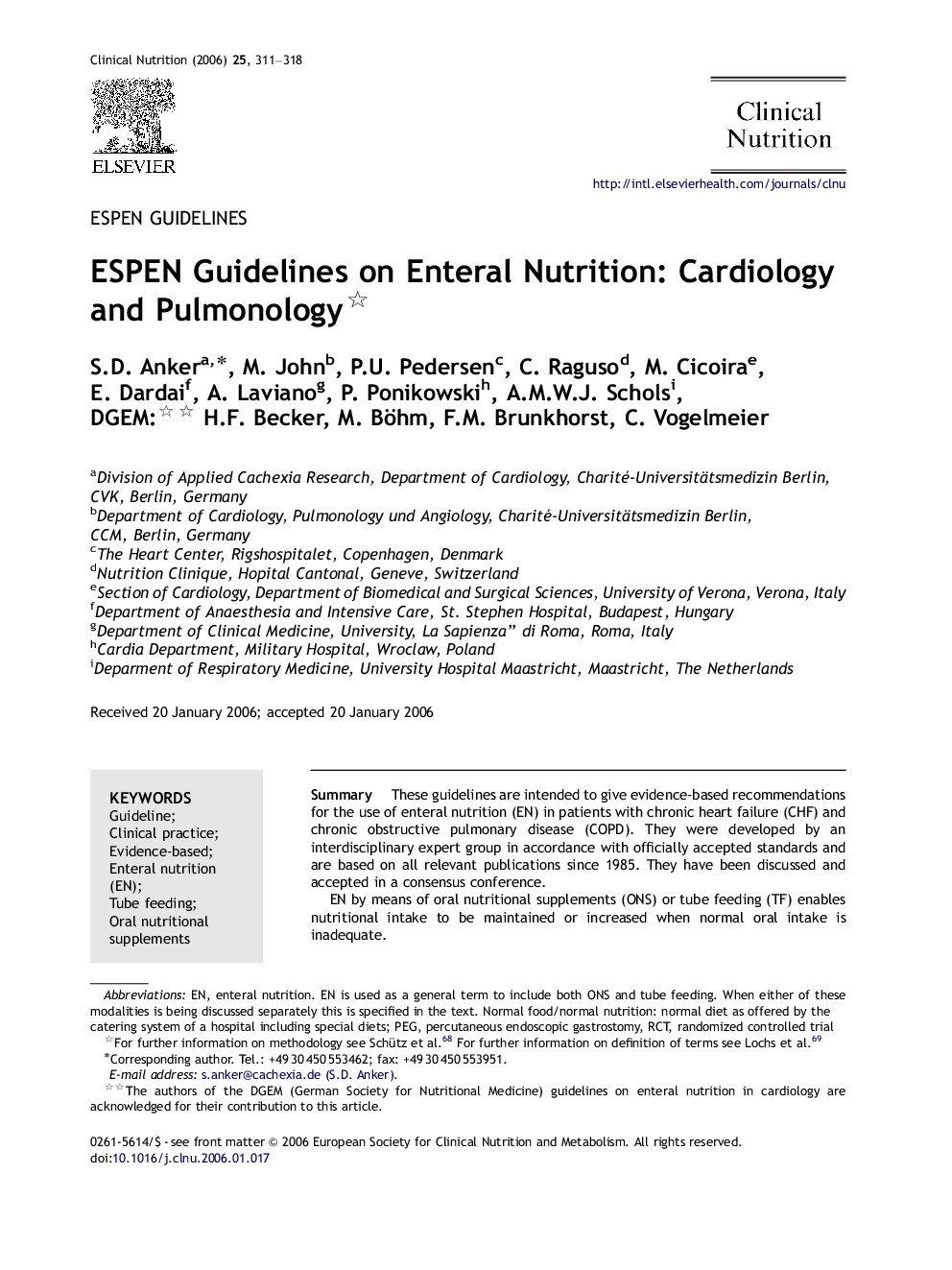 ESPEN Guidelines on Enteral Nutrition: Cardiology and Pulmonology 