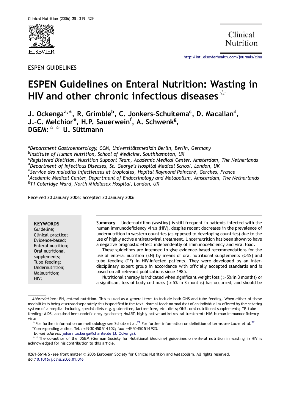 ESPEN Guidelines on Enteral Nutrition: Wasting in HIV and other chronic infectious diseases 