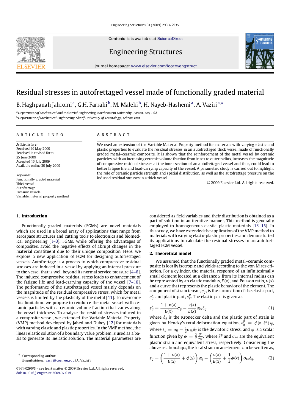 Residual stresses in autofrettaged vessel made of functionally graded material