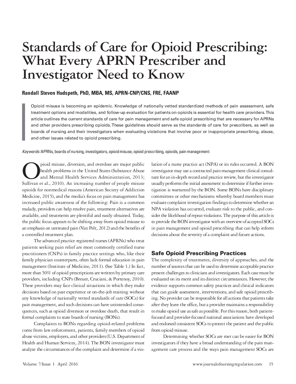 Standards of Care for Opioid Prescribing: What Every APRN Prescriber and Investigator Need to Know