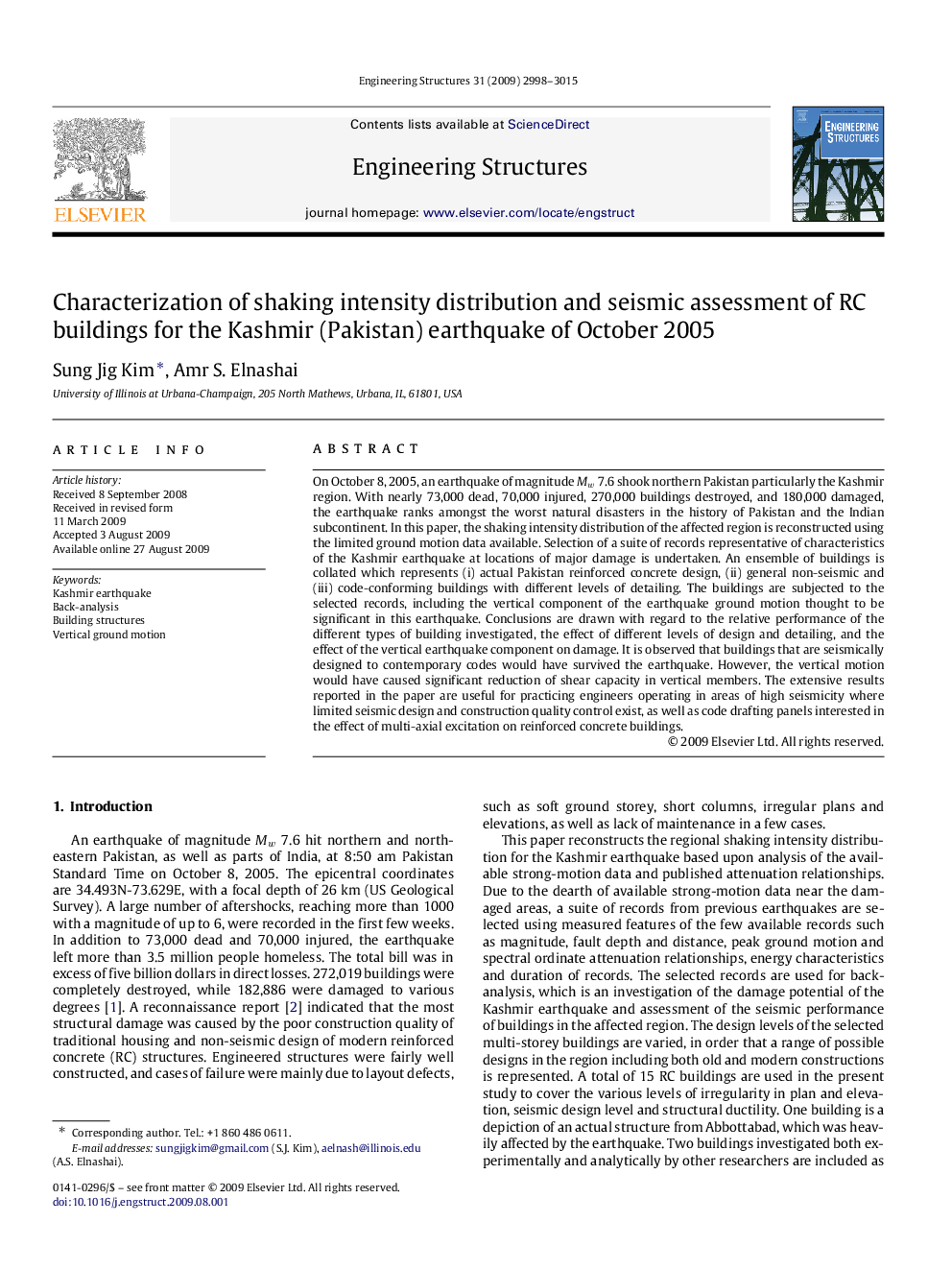 Characterization of shaking intensity distribution and seismic assessment of RC buildings for the Kashmir (Pakistan) earthquake of October 2005