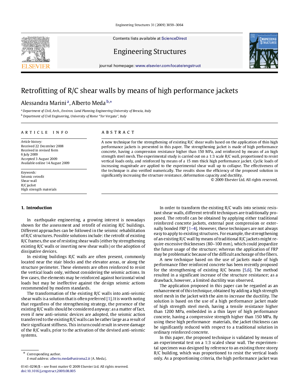 Retrofitting of R/C shear walls by means of high performance jackets