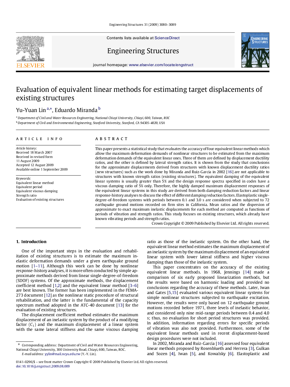 Evaluation of equivalent linear methods for estimating target displacements of existing structures